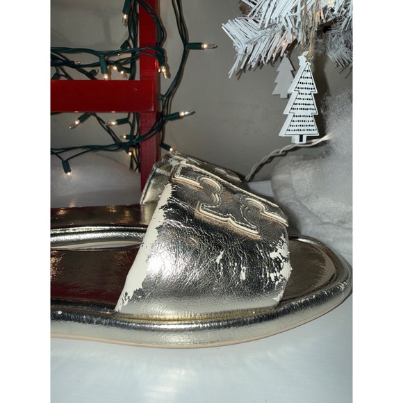 Tory Burch Miller Metal Logo Slides Gold Metallic Leather Sandals Women Size 8 - Picture 3 of 9